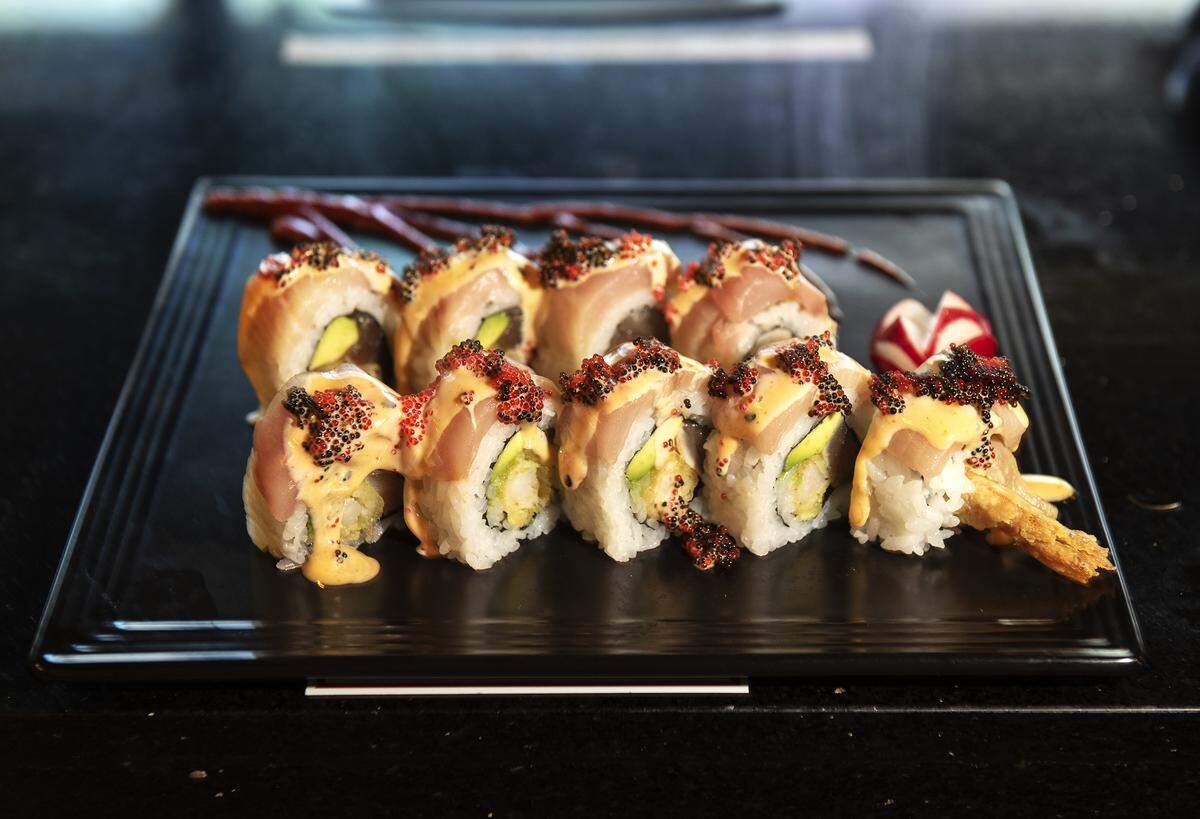 S.F. Giants sushi roll, tempura shrimp and spicy crab, at Hoki Korean BBQ & Japanese Cuisine on Coffee Road in Modesto, Calif., Wednesday, Oct. 23, 2019.