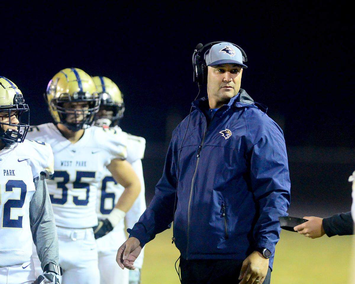 West Park head coach Jason Tenner looks to the sidelines during a 2023 CIF San Joaquin Section Division IV football game between Escalon and West Park at Escalon High School in Escalon, California, on Nov. 17, 2023. Escalon won the game 48-28.