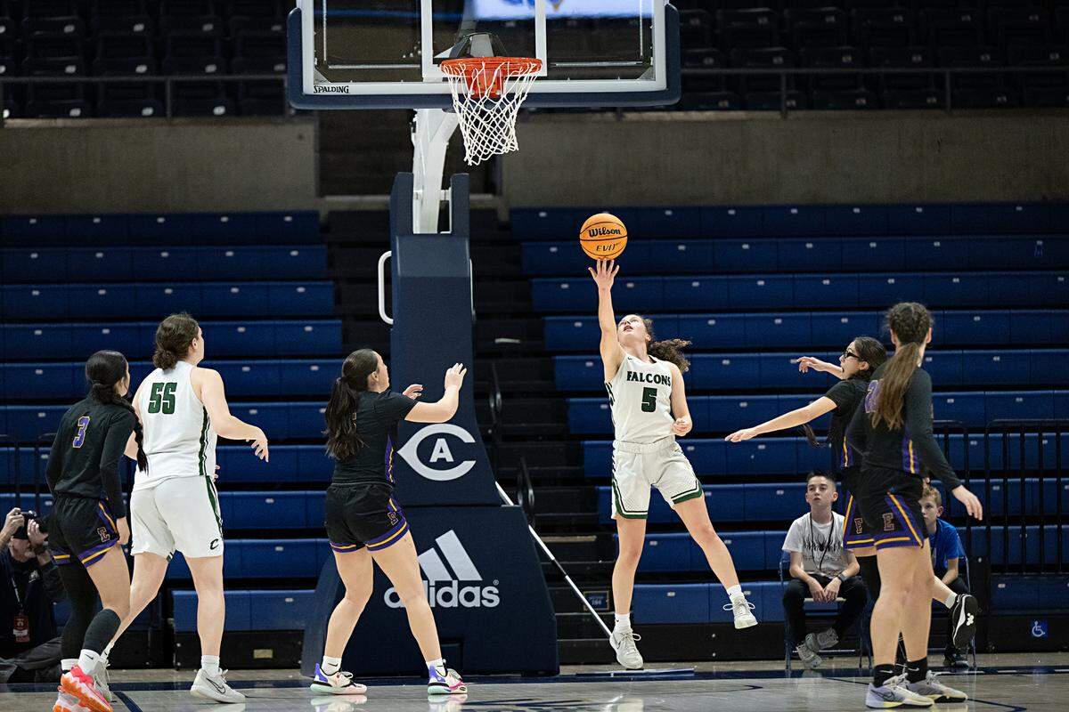 Colfax’s Kaia Diederichs attempts a layup during the D4 Sac-Joaquin Section championship game with Escalon at UC Davis in Davis, Calif., Friday, Feb. 23, 2024.