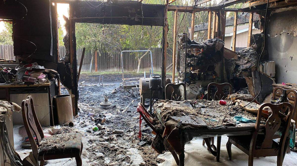 A family of three has been displaced following an Aug. 12, 2021, fire that destroyed their home in the 3000 block of Shoshone Drive in Denair.