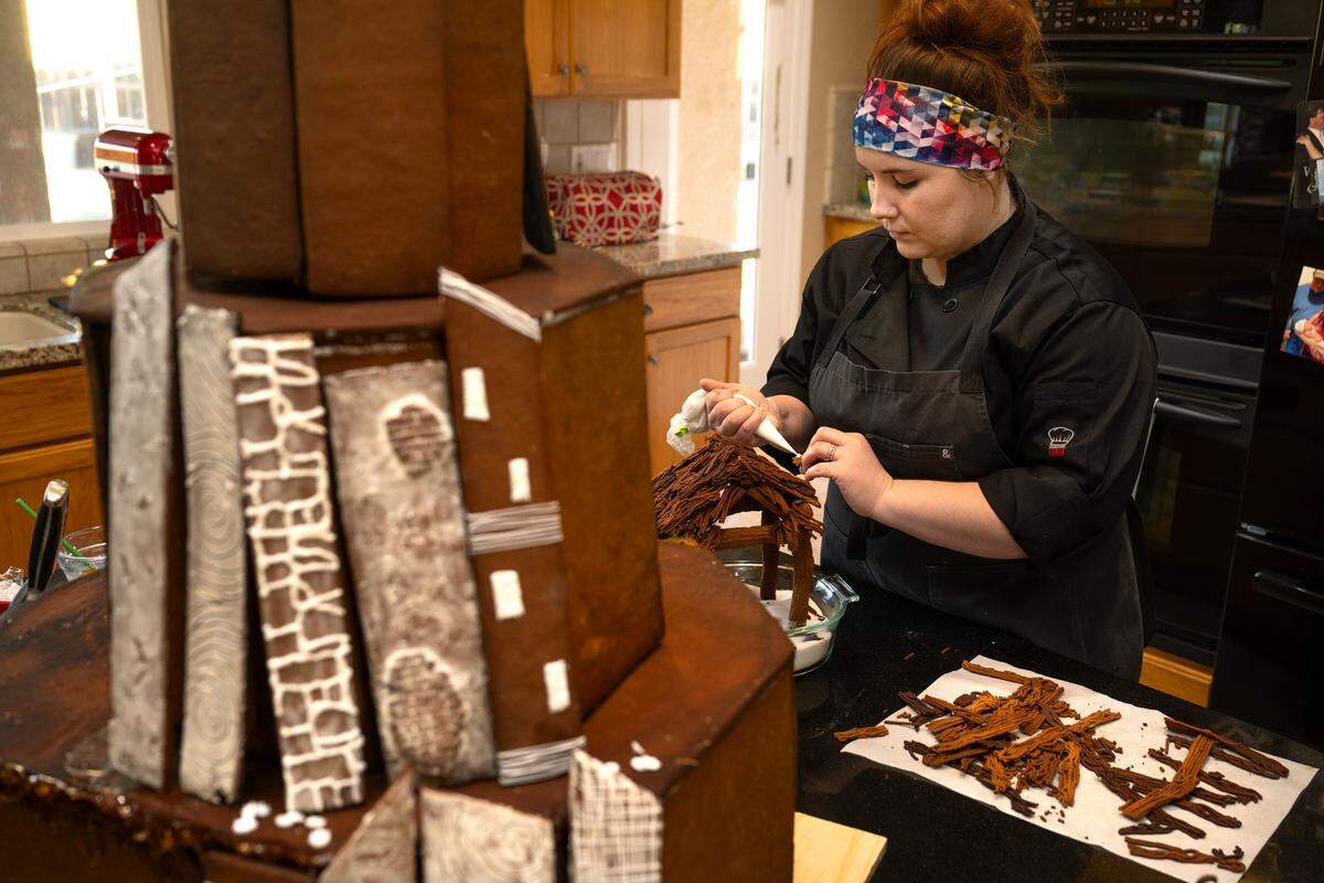 Toni Conway’s granddaughter Jordan Stime is a pastry chef and has built a gingerbread house for the Nativity Open House hosted by Conway. Photographed in Modesto, Wednesday, Dec. 4, 2024
