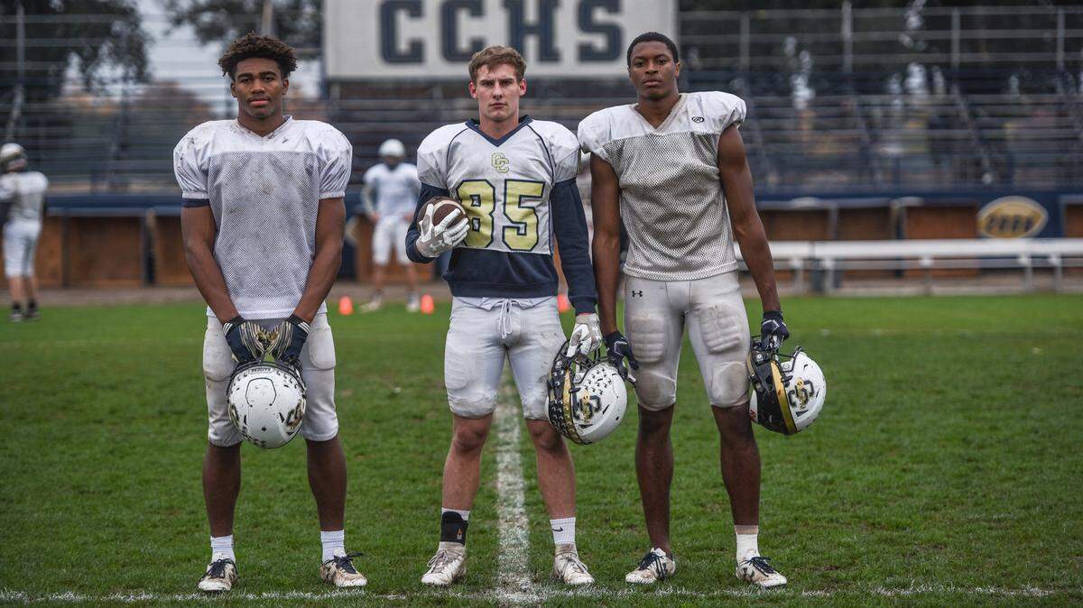 Central Catholic is averaging over 267 rushing yards per game this year and will face Del Oro in the CIF Sac-Joaquin Section Division II title game on Saturday. Pictured from left to right: senior D’Angelo Bellamy, senior Kyle Jacklich, senior Dawaiian McNeely.