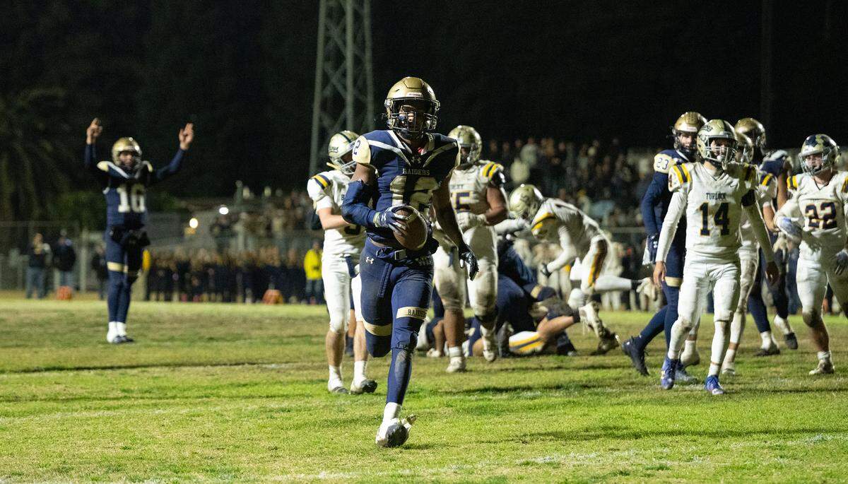 Central Catholic’s Joey Alcutt runs into the end zone untouched by Turlock defender in the Sac-Joaquin Section Division I playoff game at Central Catholic High School in Modesto, Friday, Nov. 15, 2024.