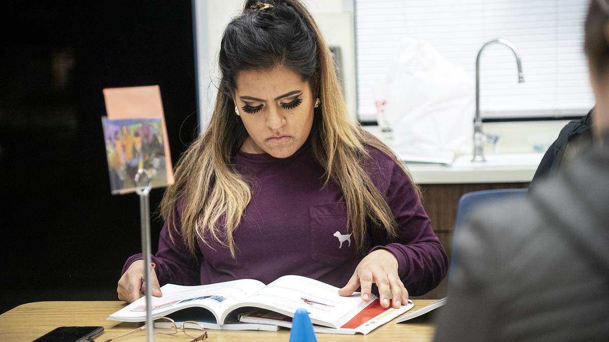 Rosa Cisneros looks through a workbook during her LearningQuest ESL night class at Eisenhut Elementary School in Modesto, Calif., on Wednesday, Dec. 4, 2019.
