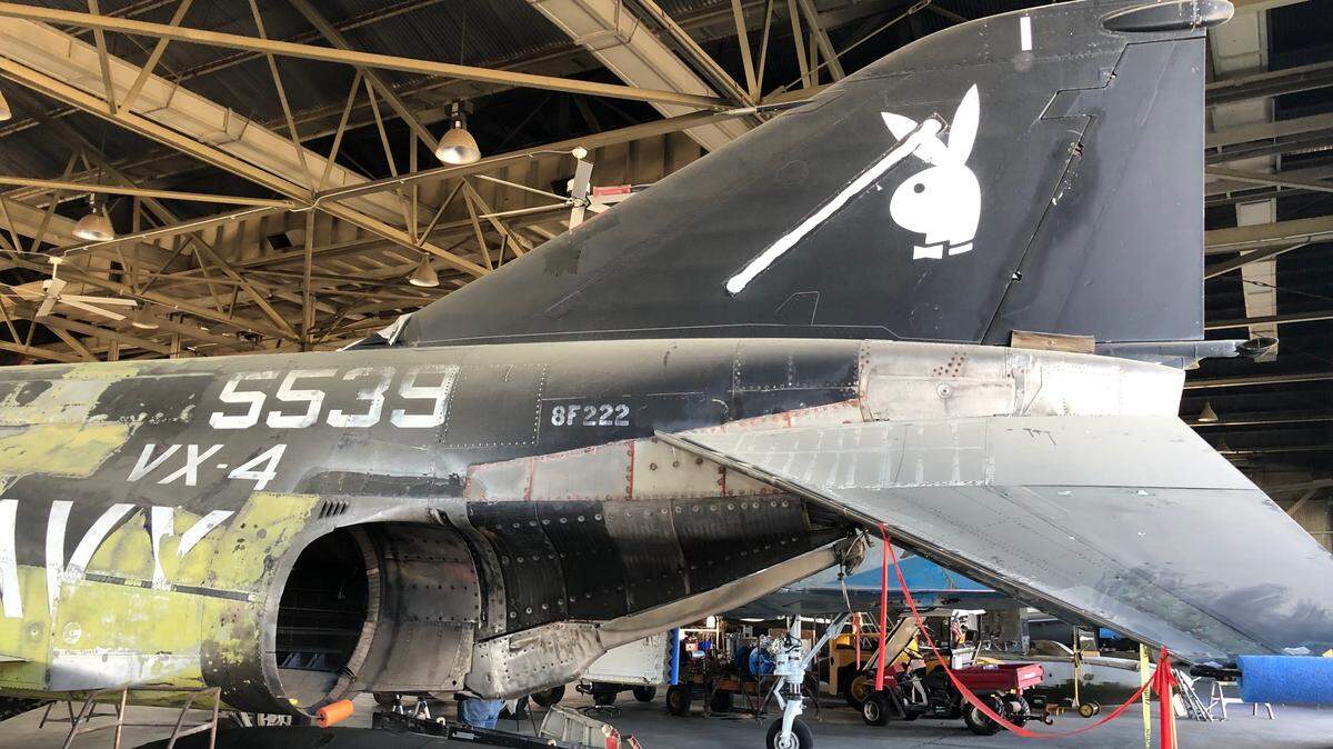 A Playboy emblem adorns the tail of the F-4S Phantom II “Black Bunny” at Castle Air Museum’s enclosed restoration facility. (Photo courtesy of Jeff Pruzzo)