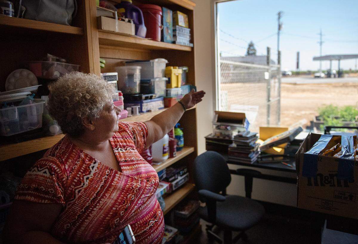 Helena Melo-Flowers describes how she was hit from behind by a big rig truck on Grayson Road just a block away from her job at the United Community Center. Photographed in Grayson, Calif., on August 24, 2022.
