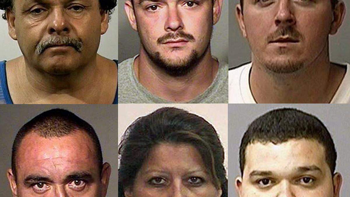 Suspects in Fresno gun heist, from top left clockwise, David Avina, James Britt, Nathan Creel, Luis Galvan, Dolores Garza and Johnny Sanchez. As of Nov. 3, 2017, Avina and Garza were still at large, according to the Fresno Police Department.