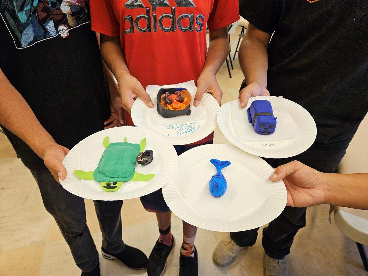 Examples of projects created at the Carnegie Arts Center’s monthly Saturday Studio program.