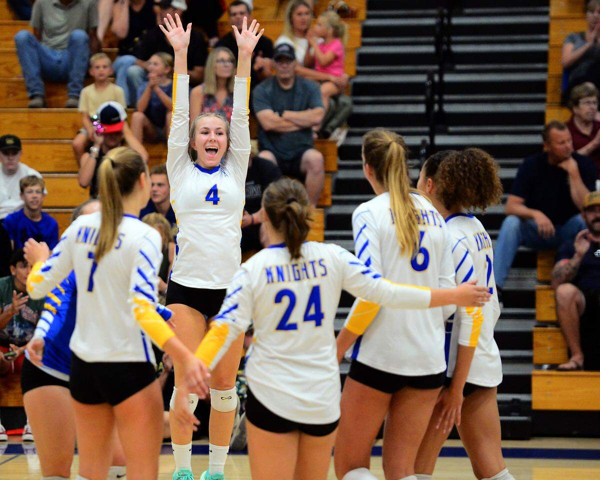 Ripon Christian’s Leah Van Wyngarden (4) celebrates a point with her teammates during a game between Ripon Christian and Mariposa at Ripon Christian High School in Ripon California on September 19, 2023.