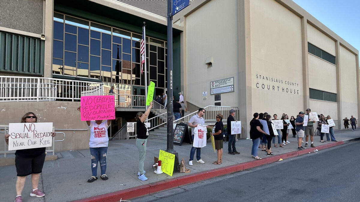 Protesters gather outside the hearing of convicted child sex offender Kevin Gray, 72, at the Stanislaus County Courthouse in Modesto on Aug. 08, 2025