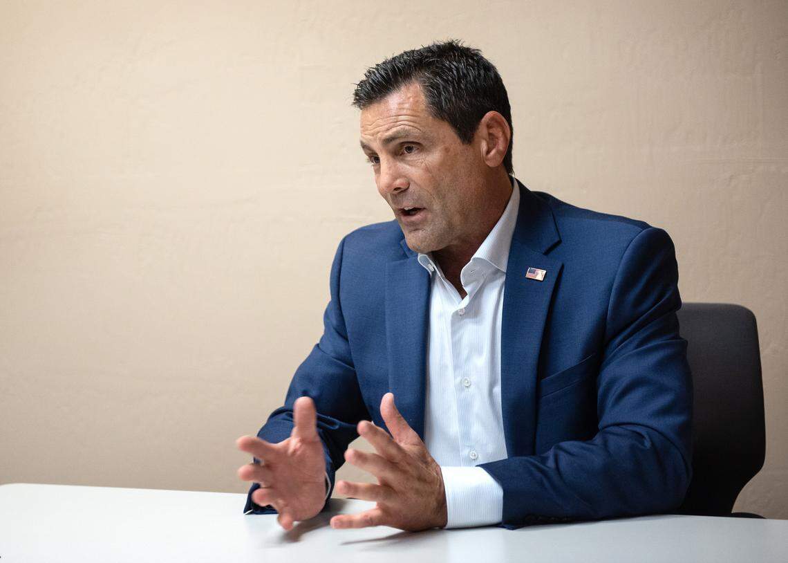 U.S. 9th Congressional District candidate Republican Tom Patti, a county supervisor from Stockton, speaks during a debate with Rep. Josh Harder at the Stockton Record newspaper office Thursday.