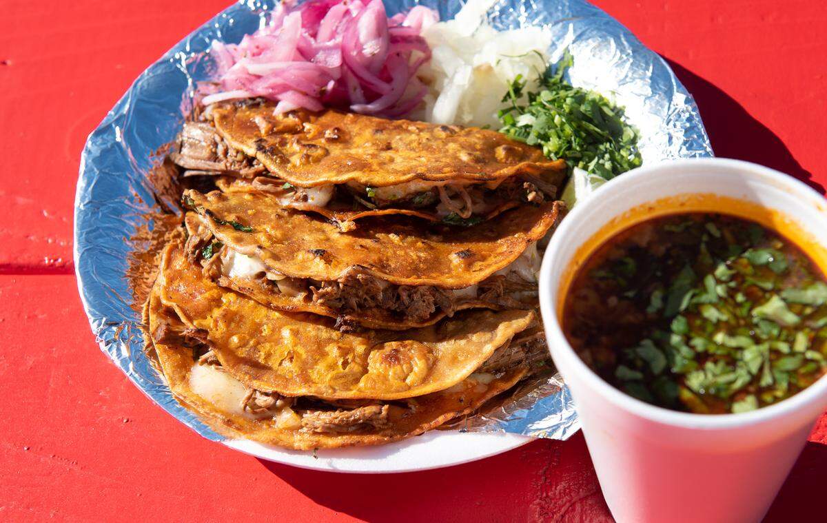 Quesabirria tacos from Los Karnales at the La Placita food truck park on 9th Street in Modesto, Calif., Tuesday, Dec. 13, 2022.