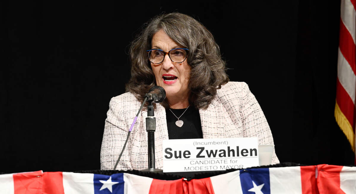Modesto mayor Sue Zwhalen speaks during a NAACP 2024 candidates forum at Modesto Centre Plaza in Modesto, Calif., Thursday, Feb. 22, 2024. Zwahlen is an incumbent candidate running against challengers Sebastian Jones and Dewey Bedford.