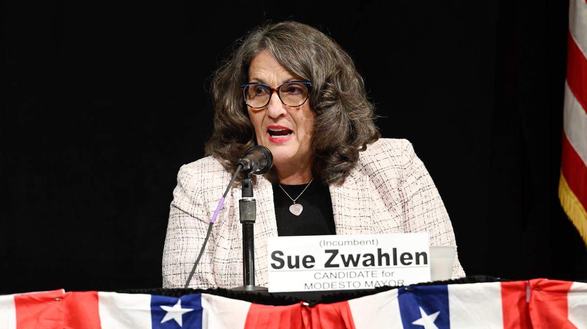 Modesto mayor Sue Zwhalen speaks during a NAACP 2024 candidates forum at Modesto Centre Plaza in Modesto, Calif., Thursday, Feb. 22, 2024. Zwahlen is an incumbent candidate running against challengers Sebastian Jones and Dewey Bedford.