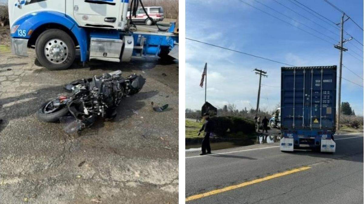 A 23-year-old Modesto motorcyclist was killed in a collision with a big rig on Highway 132 near Waterford on Friday morning, Feb. 9, 2024, according to the California Highway Patrol.