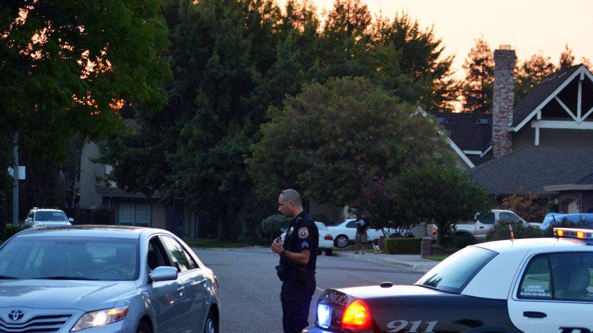 A Turlock Police Department officer talks to a motorist at Anning Drive and North Johnson Road in Turlock, Calif., after a confirmed report of a mountain lion in the city on Sunday, Sept. 21, 2014.