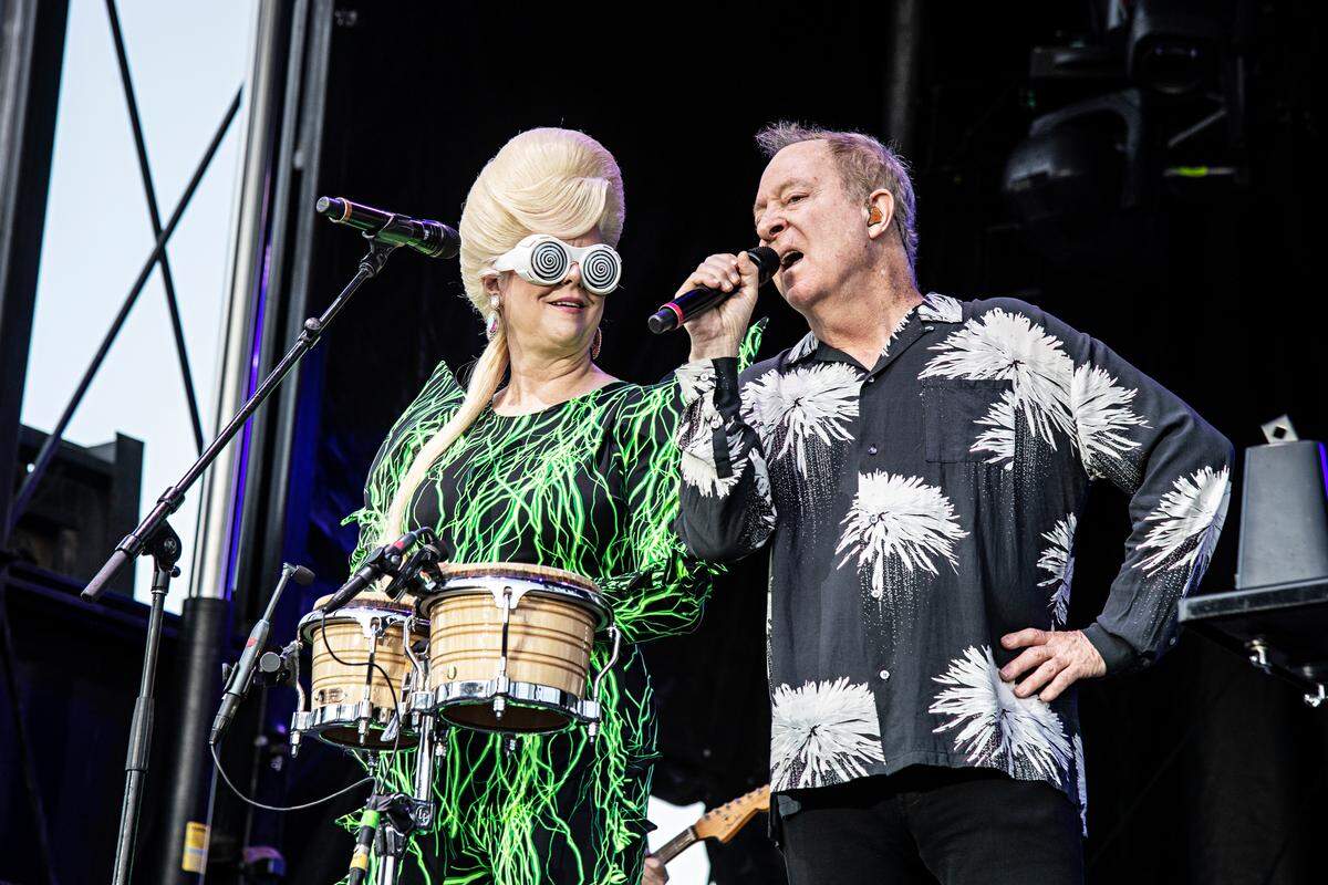 Cindy Wilson, left, and Fred Schneider of the B52s perform on stage at KAABOO Texas at AT&T Stadium on Sunday, May 12, 2019, in Arlington, Texas. (Photo by Amy Harris/Invision/AP)