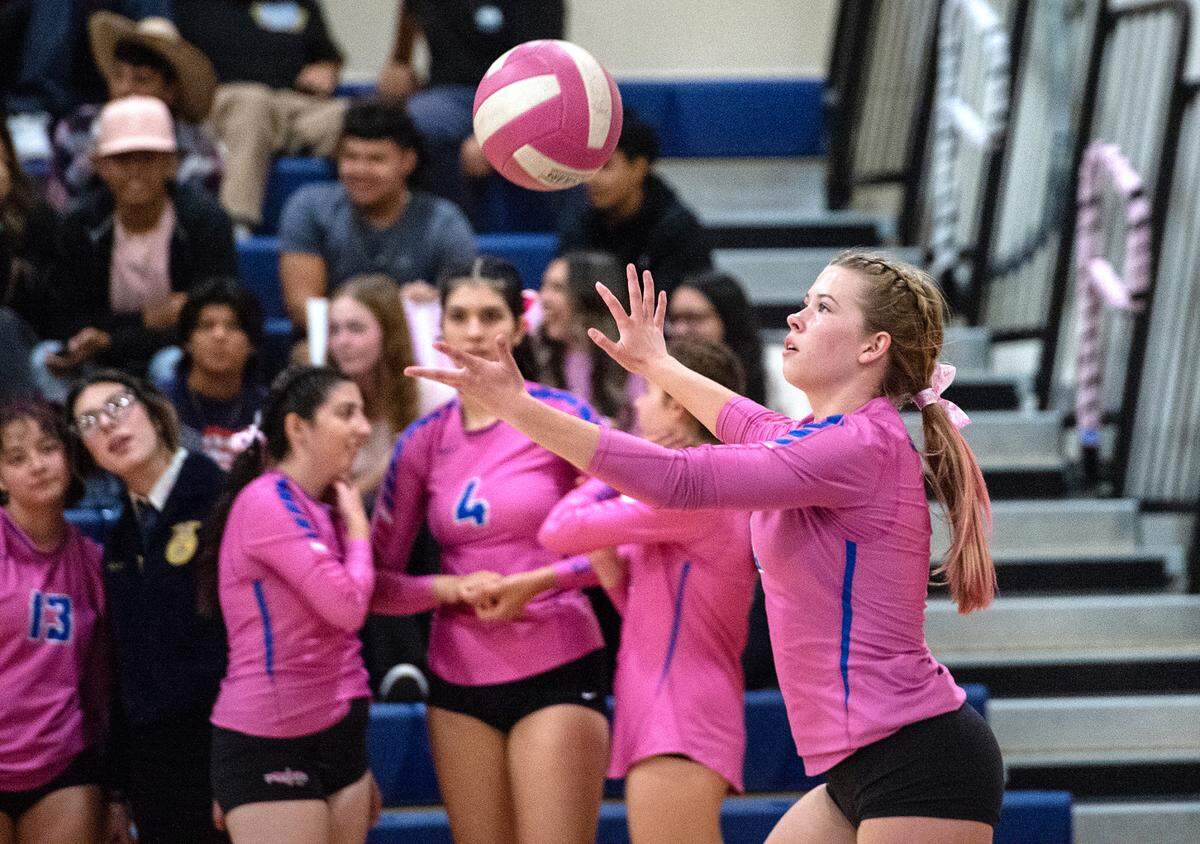 Beyer’s Makenna Ehrler serves the ball during the Western Athletic Conference match with Lathrop at Beyer High School in Modesto, Calif., Tuesday, Oct. 4, 2022. Beyer won 3-0.