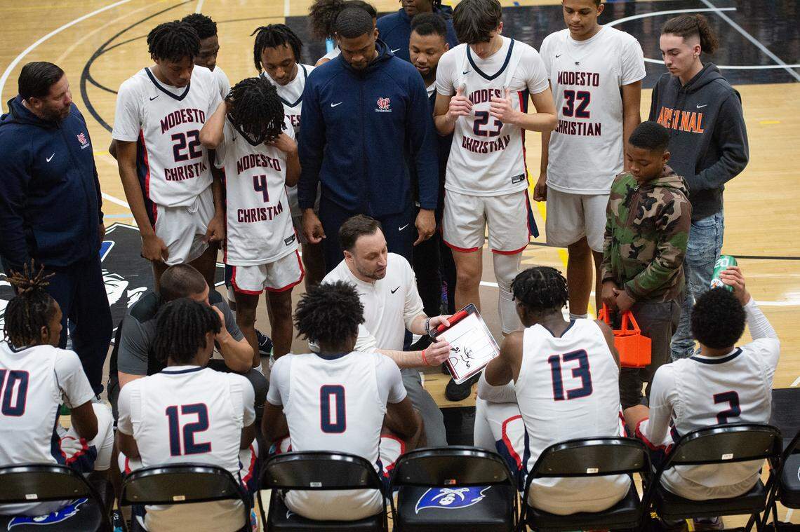 Modesto Christian breaks on a timeout during the NorCal Open Division championship game with St. Joseph at Modesto Junior College in Modesto, Calif., Tuesday, March 7, 2023.