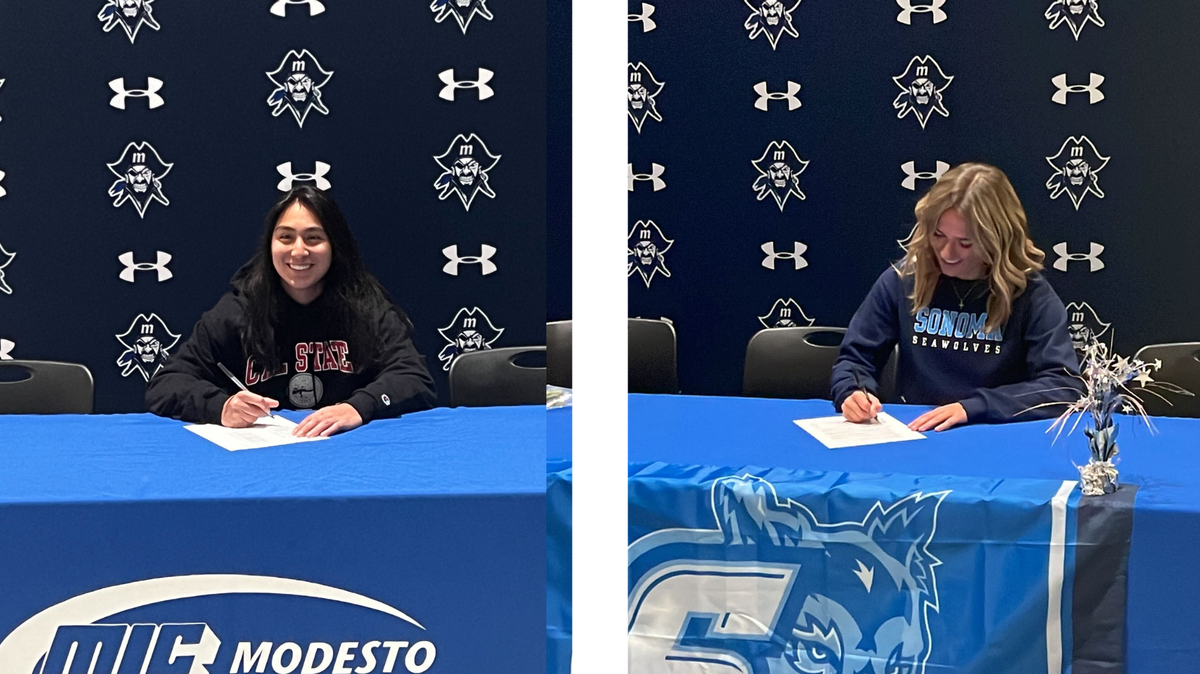 MJC women’s soccer players Madison Dong (left) and Emma Albino (right) signed to play at NCAA Division II schools Cal State East Bay and Sonoma State, respectively. Both are in the CCAA.