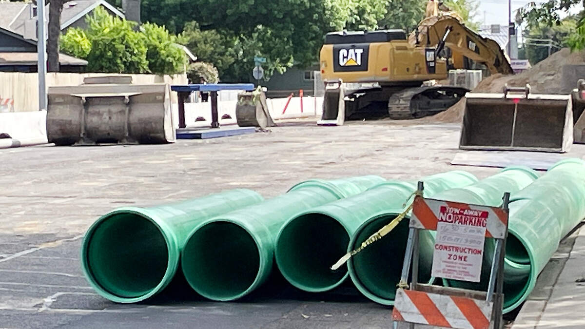 New pipes await installation at a sewer main replacement project in Modesto, California, on June 12, 2023.