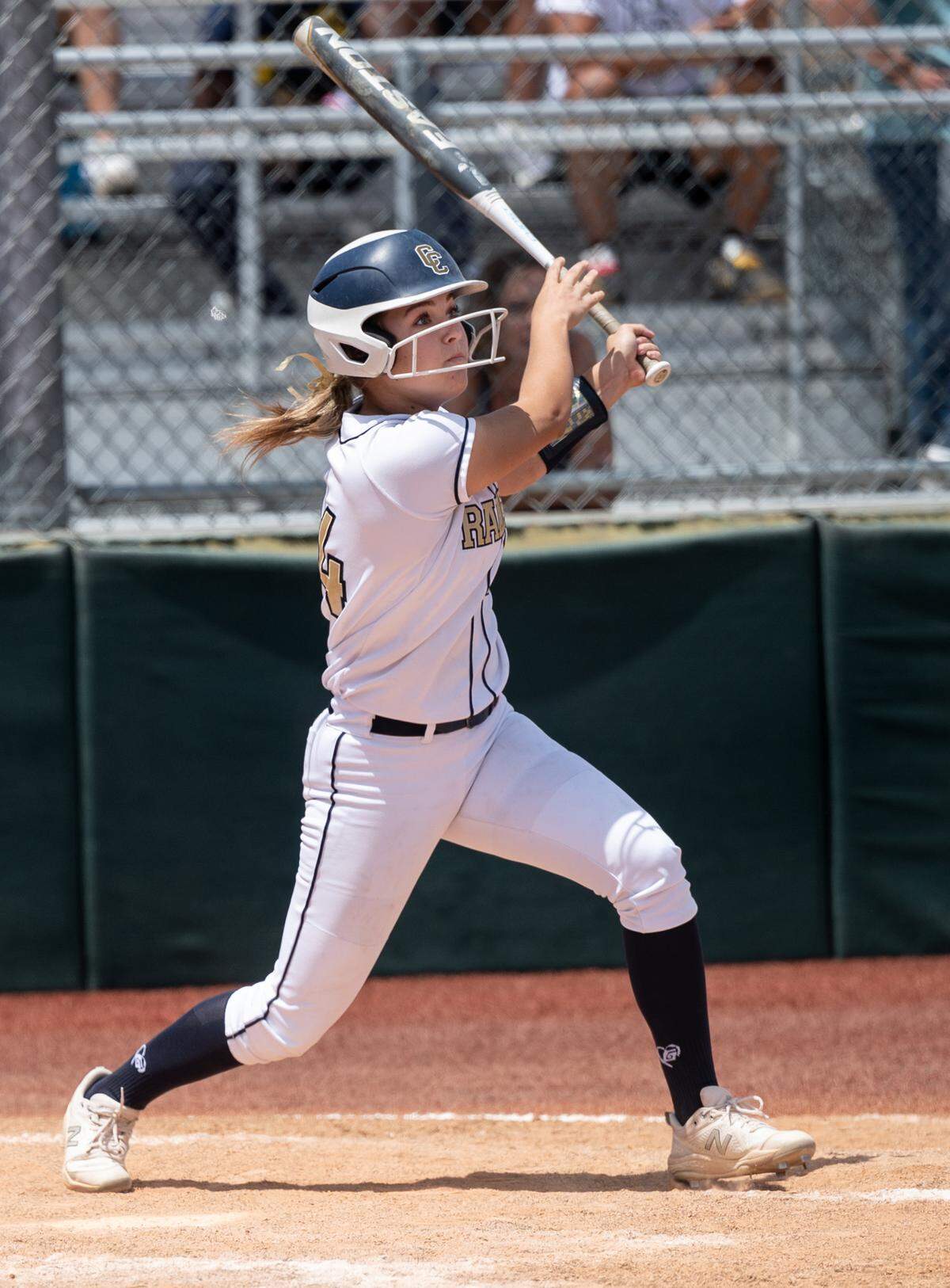 Central Catholic’s Emori Machado connects for a two-run home run during the CIF Sac-Joaquin Section Division III softball championship game with Vista del Lago at Delta College in Stockton, Calif., on Saturday, May 28, 2022.