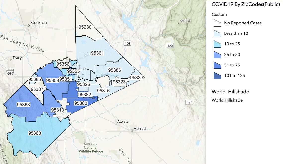 Stanislaus County coronavirus zip code heat map.