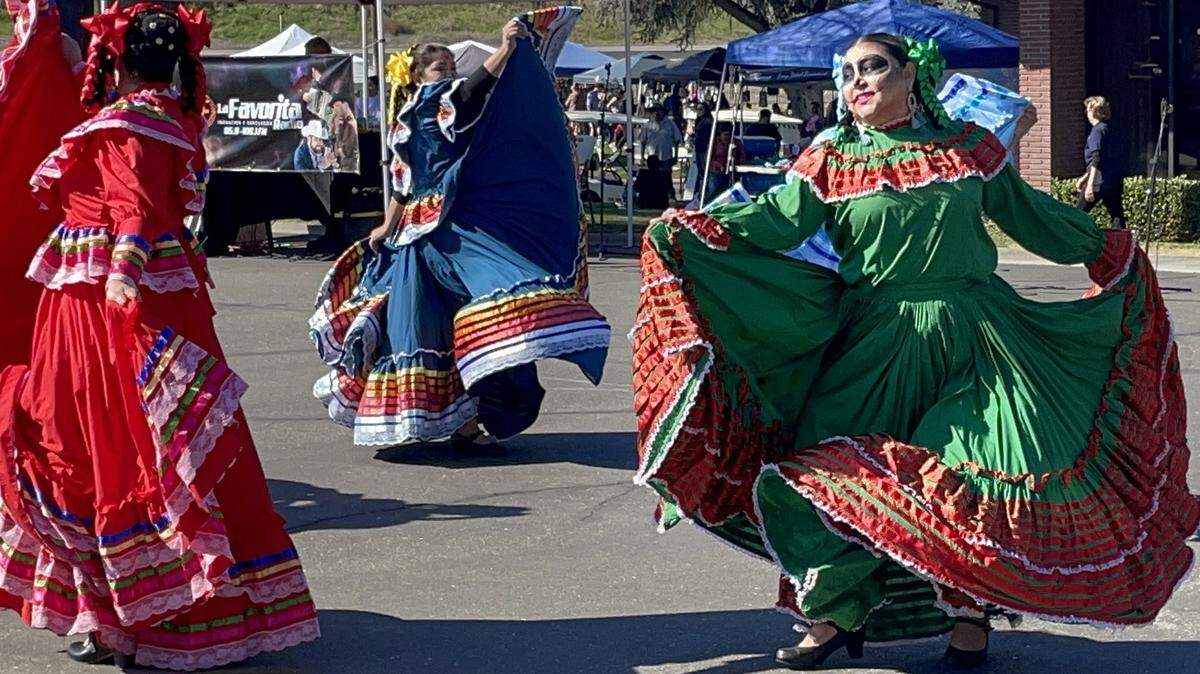 Ballet Folkorico dancers performed at a Day of the Dead event near Hughson, Calif., on Nov. 1, 2025. Lakewood Funeral Home and Memorial Park hosted the observance.