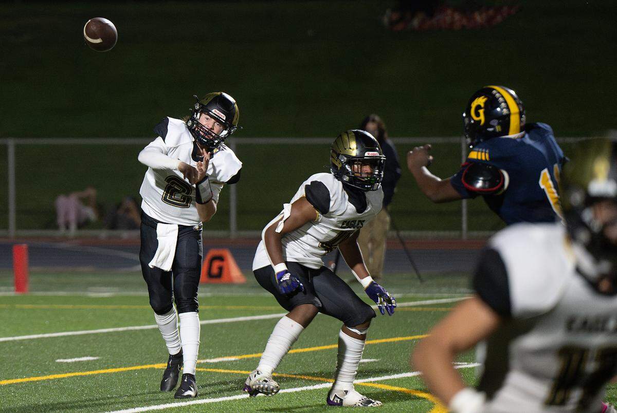 Enochs quarterback Johnny Staggs throws the ball during the Central California Athletic League game with Gregori at Gregori High School in Modesto, Calif., Friday, Oct. 6, 2023.