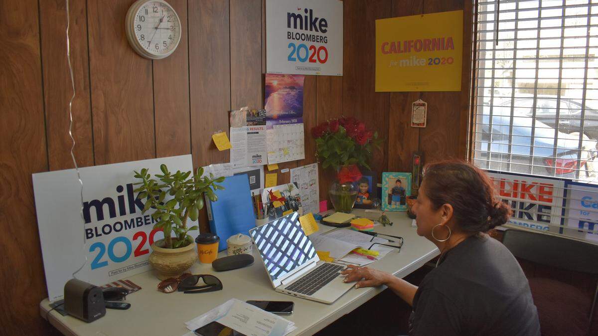 Maria Castillo works in the Michael Bloomberg campaign office at 1124 11th St. in downtown Modesto. Photographed Monday, Feb. 17, 2020.