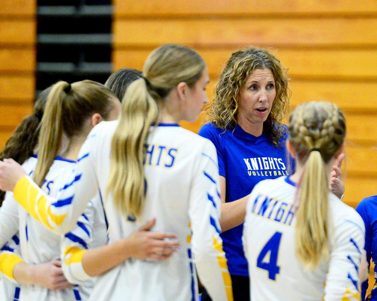 Ripon Chrisitan Head Coach Kayla Koostra talks with her players during a game between Ripon Christian and Mariposa at Ripon Christian High School in Ripon California on September 19, 2023.