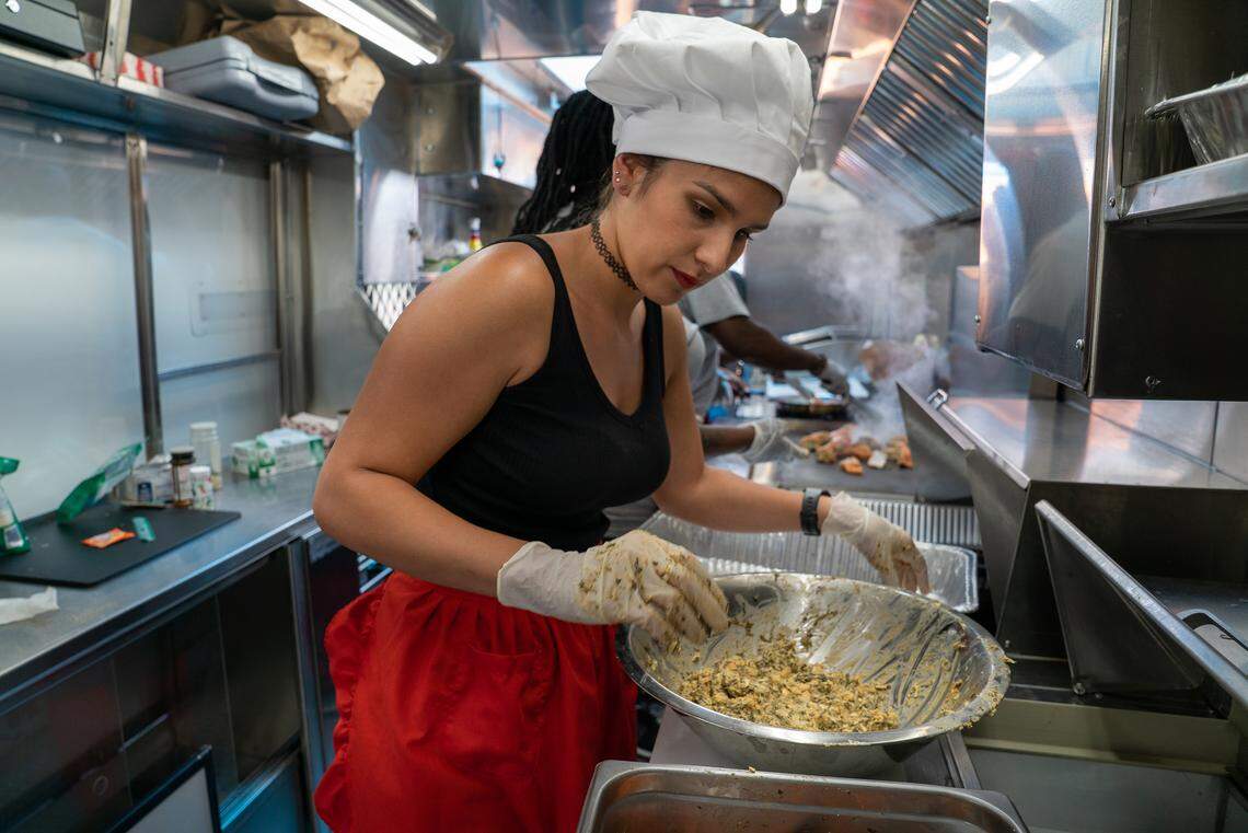 Super Sope’s Priscilla Gutierrez prepares the menu for the next food challenge with Crystal’s Comfort food Steve Ashby, as seen on The Great Food Truck Race,.Season 12.