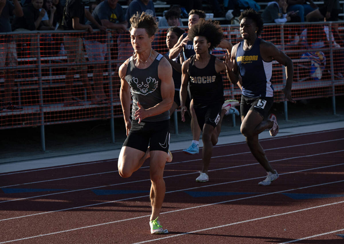 Pitman’s Blayne Siebert sprints to victory in the boys 100 meter race with a time of 10.46 in the Central California Athletic League Championships at Downey High School in Modesto, Calif., Wednesday, May 1, 2024.