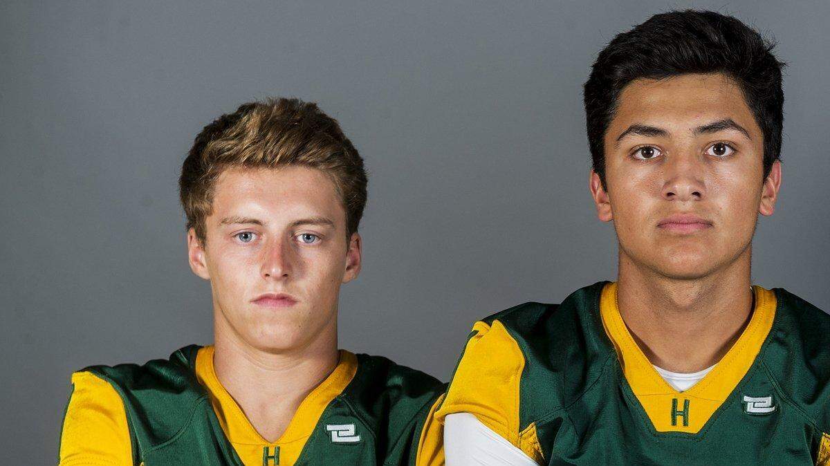 Hilmar quarterback Tristan Crowley (center) is questionable for the game at Sonora on Friday, Sept. 15, 2017. Crowley left a loss to Gustine during the team's first offensive series with a sprained ankle.