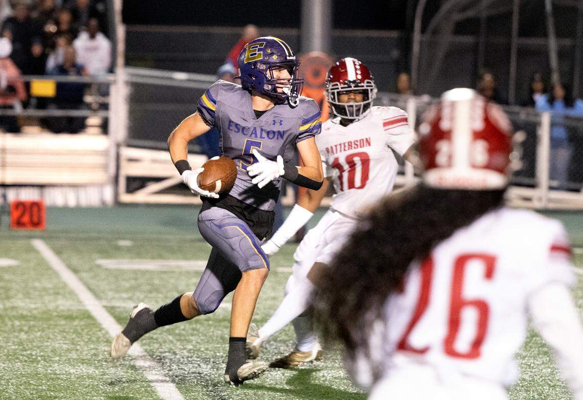 Escalon’s Sam Jimenez scores a touchdown after a catch during the Sac-Joaquin Section Division IV championship game with Patterson at St. Mary’s High School in Stockton, Calif., Friday, Nov. 24, 2023.
