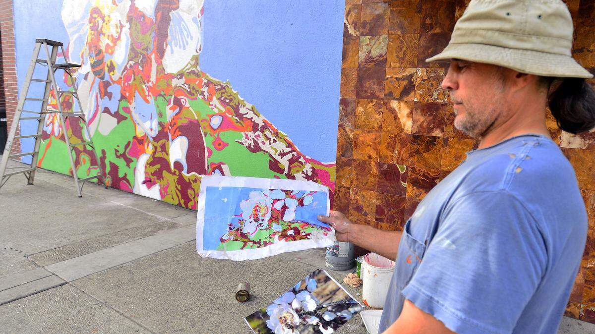 Phil Murillo of Working Class Studios works on a new mural, titled "Pollination," on Saturday, March 31, on the J Street wall of Ralston's Goat in downtown Modesto.