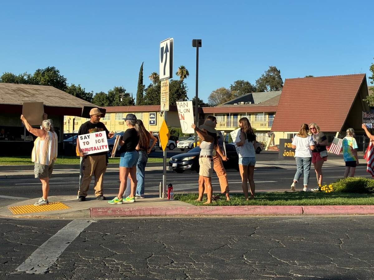 People are standing on the Lucas Plaza median talking with one another and holding signs. One reads "Say no to ICE brutality."