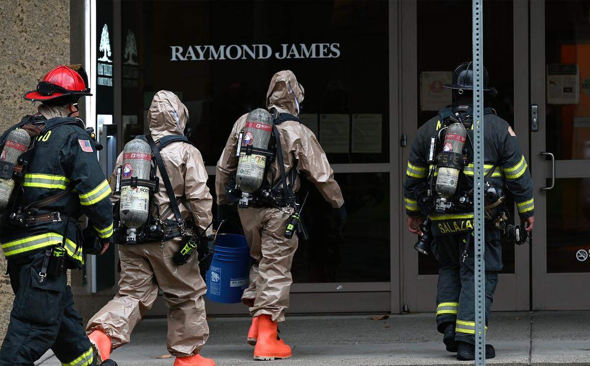 The Modesto Fire Department’s hazmat team responded to the Stanislaus County District Attorney’s Office, where a suspicious package was dropped off, in Modesto, Calif., Tuesday, Nov. 1, 2022.