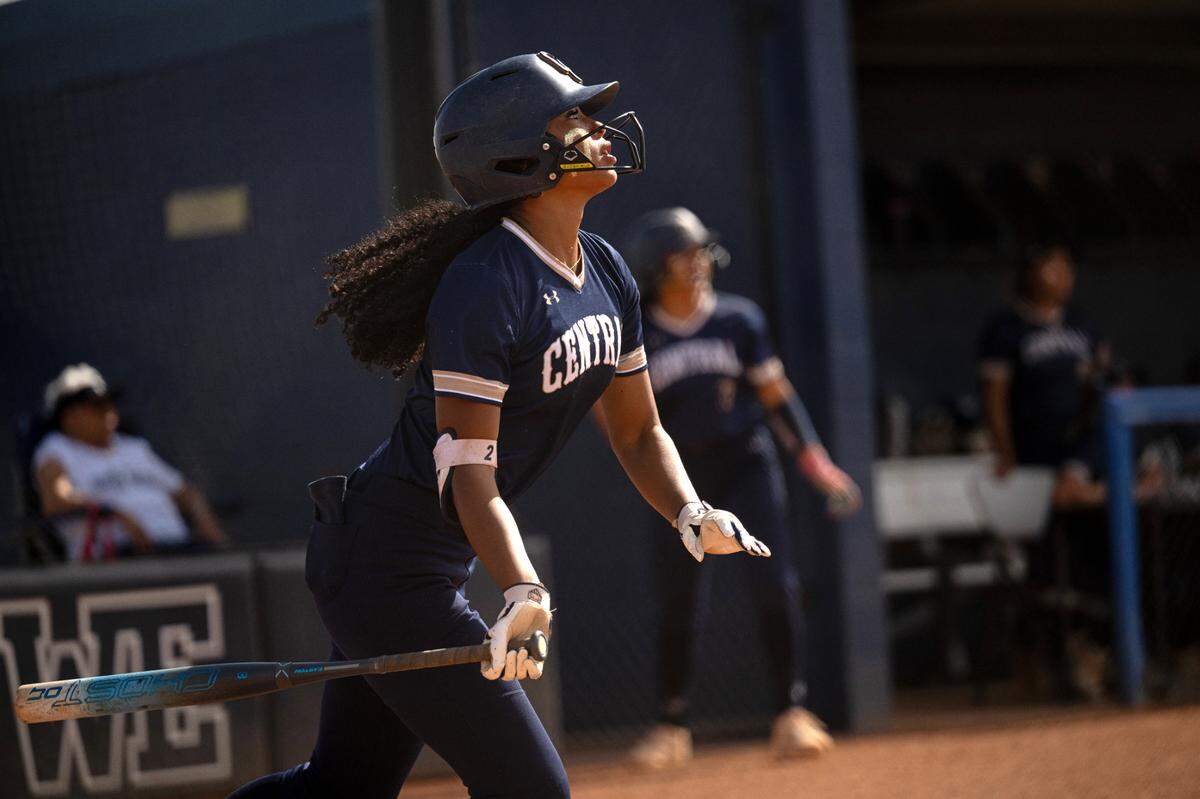 Central Catholic’s Samantha Nichols hit two triples, a double and drove in two runs in the first round playoff game with Johnson at Central Catholic high School in Modesto, Wednesday, May 14, 2025.