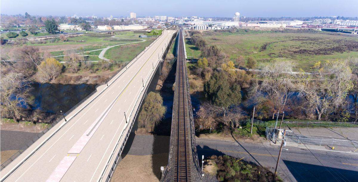 Photoillustration of the planned Seventh Street bridge replacement, a 1,238-foot-long, eight-span arched concrete box girder bridge that will carry two lanes of traffic in each direction.