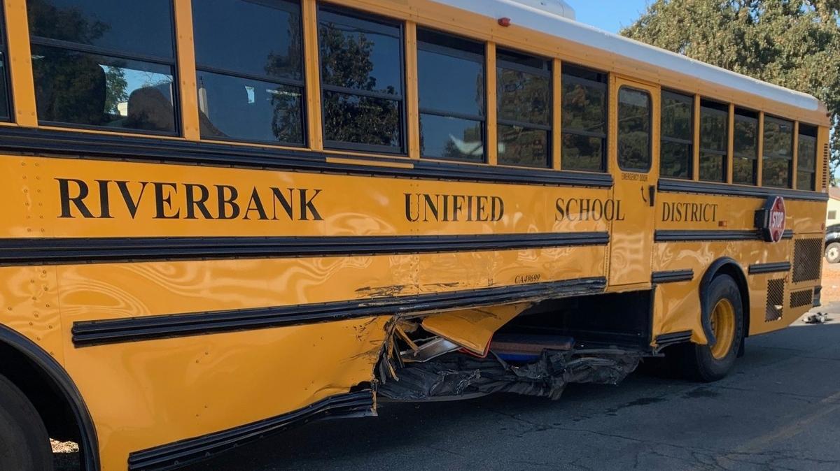 A Ford F-350 broad sided a school bus in Riverbank Thursday, Sept. 30, 2021.