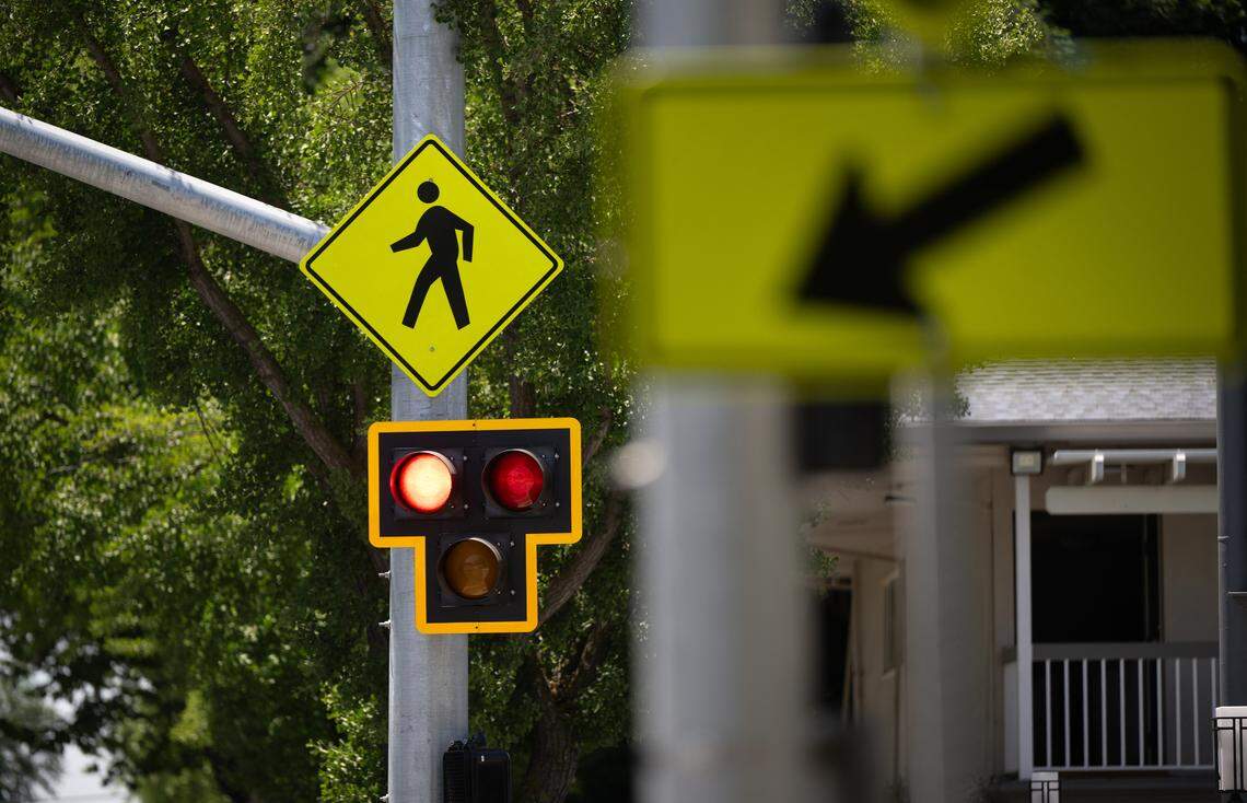 The new high-intensity activated crosswalk system on 16th and I streets in Modesto on  Thursday, May 15, 2025. The light system has been installed to make crossing the 4-lane I street safer for pedestrians. 
