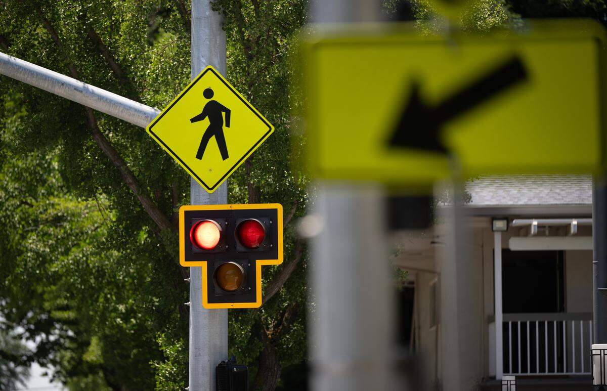 The new high-intensity activated crosswalk system on 16th and I streets in Modesto, Thursday, May 15, 2025. The light system has been installed to make crossing the 4-lane I street safer for pedestrians.