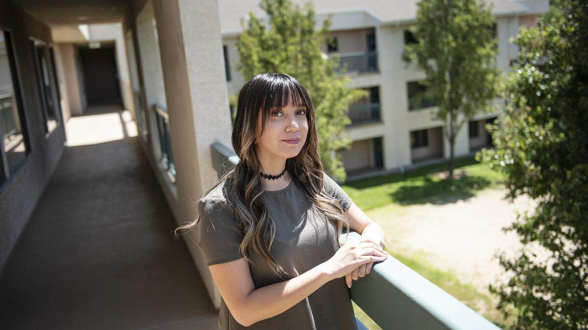 Stan State senior philosophy major Angelica Maghinay is still living on campus despite the fact that all school courses are now done remotely. Photographed at the student housing building at California State University, Stanislaus in Turlock, Calif., on Saturday May 2, 2020.