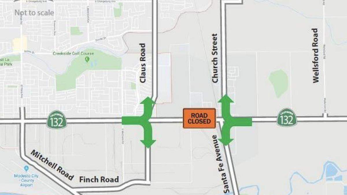 Caltrans will require six days of detours around Highway 132 between Claus Road and Santa Fe Avenue near Modesto, Calif. starting Sunday, Nov. 17, 2019. The closure is needed for freight track maintenance. Detour map for BNSF railroad repair project on State Route132 in Empire, Calif.