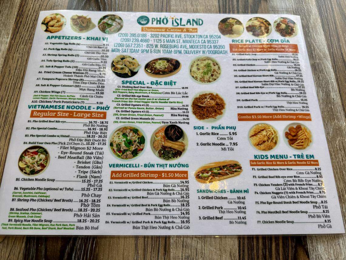 The menu at Pho Island in Manteca, Calif. Modesto’s location will have the same items.
