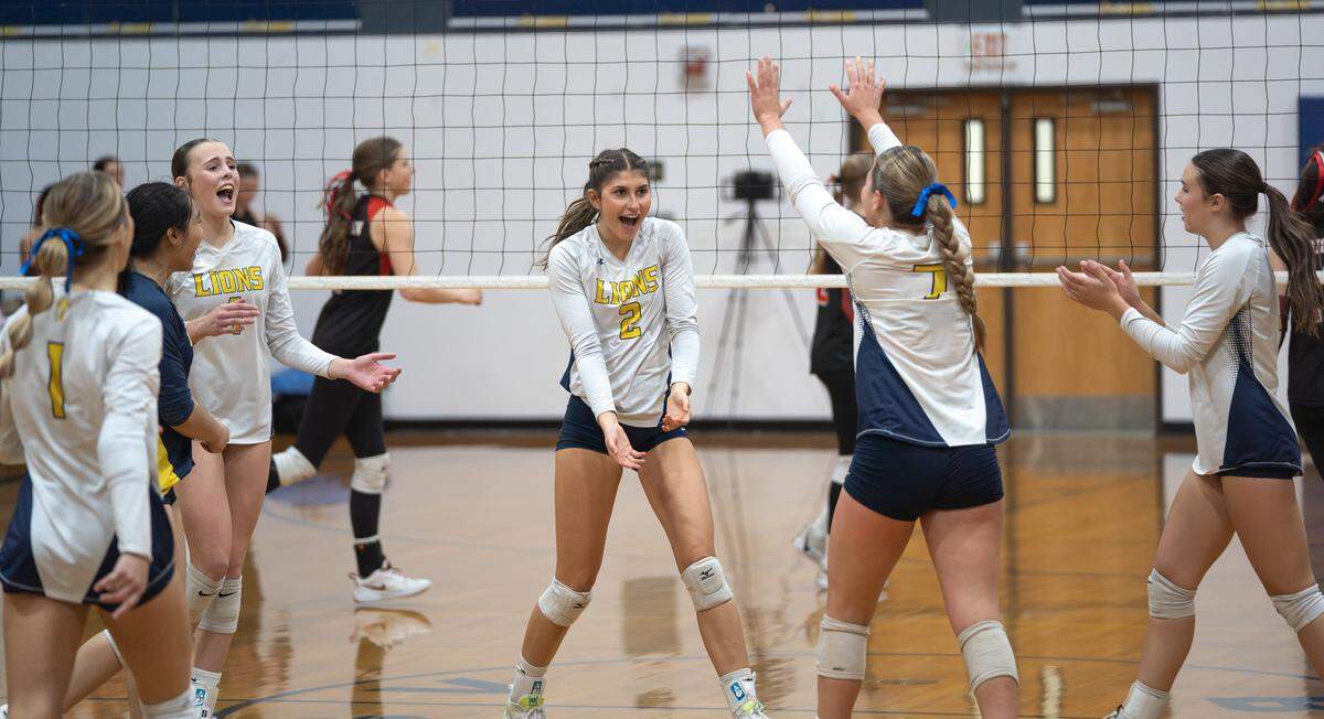 Claire Medhurst celebrates with Big Valley Christian teammates during the CIF Division VI Northern California regional semifinals against Etna in Modesto on Saturday, Nov. 15, 2025.