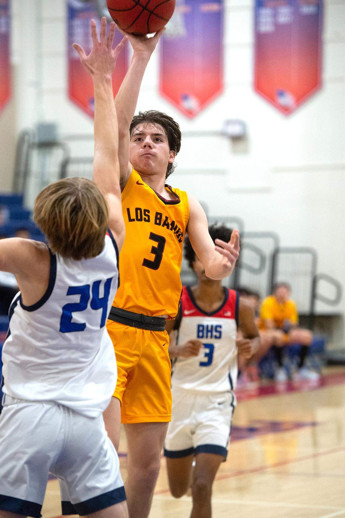 Los Banos’ Caleb Robertson scores on a jump shot during the Western Athletic Conference game with Beyer at Beyer High School in Modesto, Calif., Wednesday, Jan. 4, 2023.