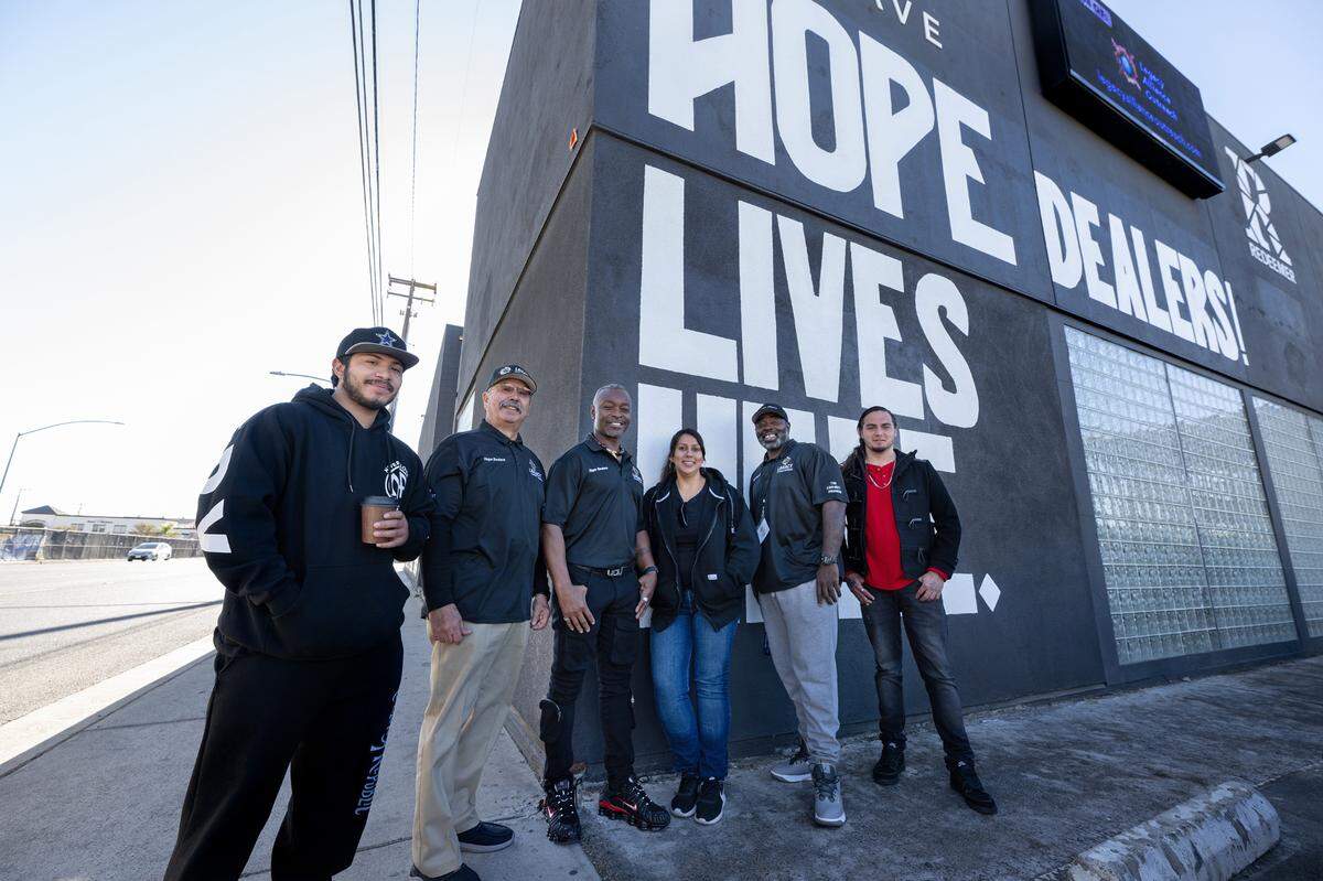 From the left, Luis Perez, Jesse Ceceña, Michael Baldwin, Esther Narango, Darnell Green and Michael Patton outside Legacy Alliance Outreach in Modesto, Monday, Nov. 4, 2024. All are voting for the first time.