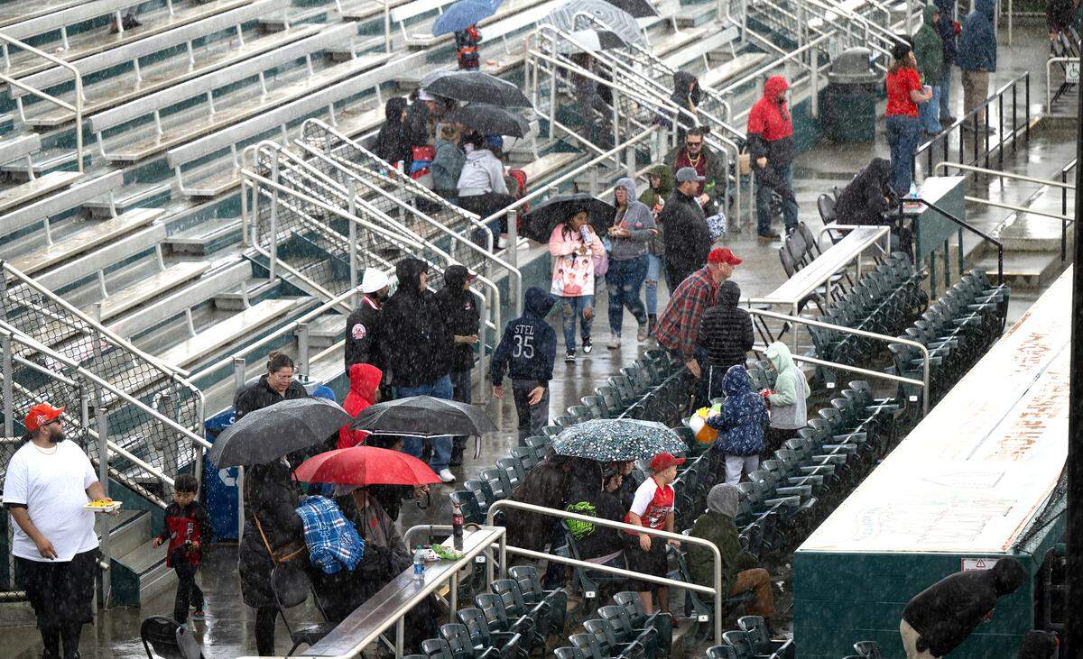 The Modesto Nuts High School Baseball Showcase game between Patterson and Hilmar was suspended in the fourth inning due to rain at John Thurman Field in Modesto, Calif., Saturday, March 23, 2024. Patterson is leading 4-2.